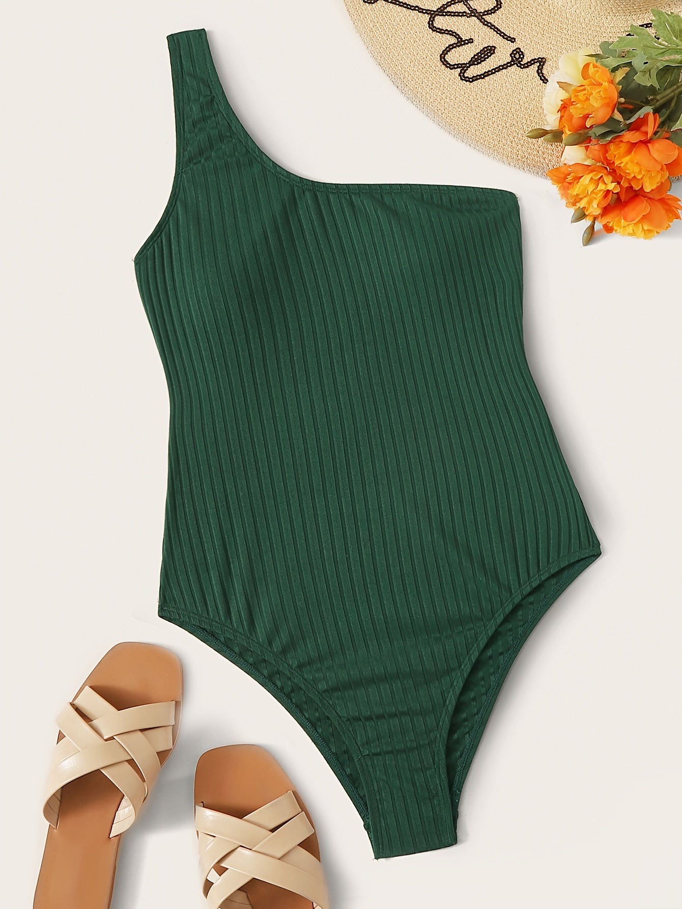  Ribbed One Shoulder One Piece Swimsuit