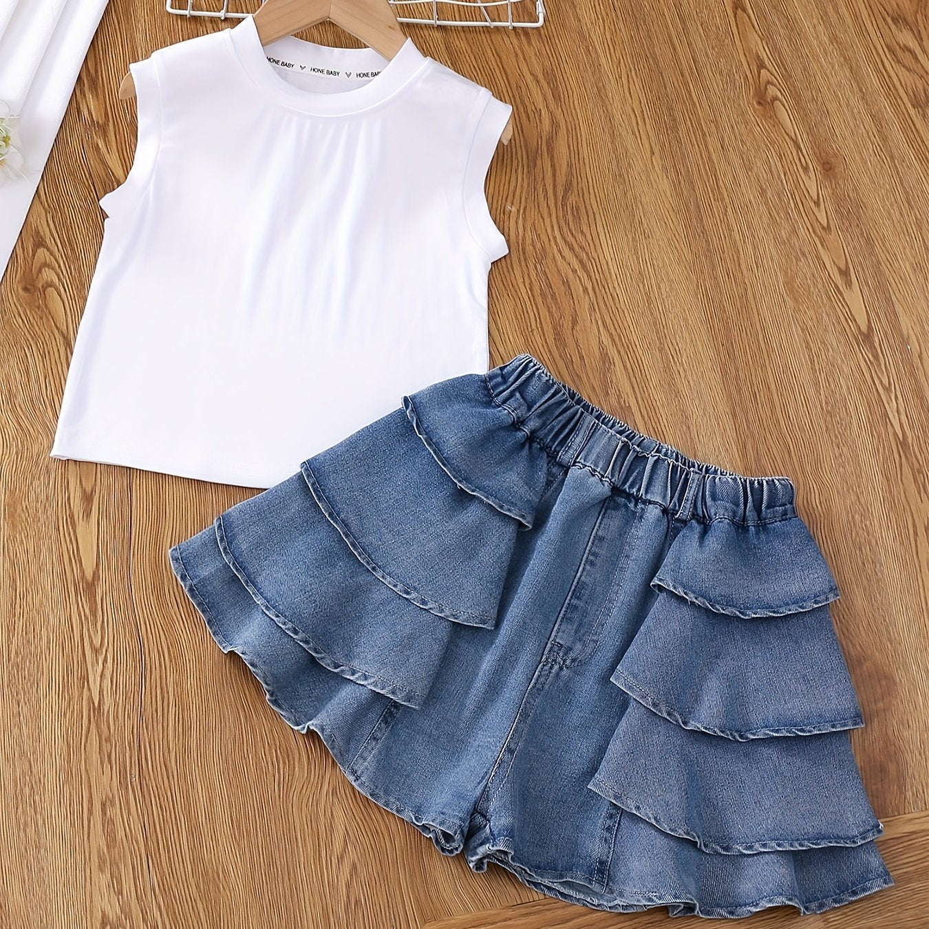 Girls Sleeveless Denim Vest Top and Cake Skort Set