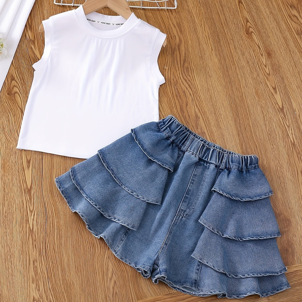 Girls Sleeveless Denim Vest Top and Cake Skort Set