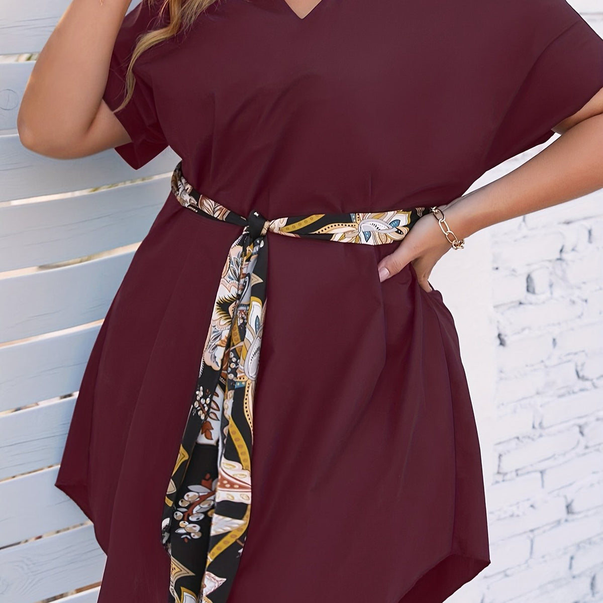  Solid Short Sleeve Mini Dress With Belt