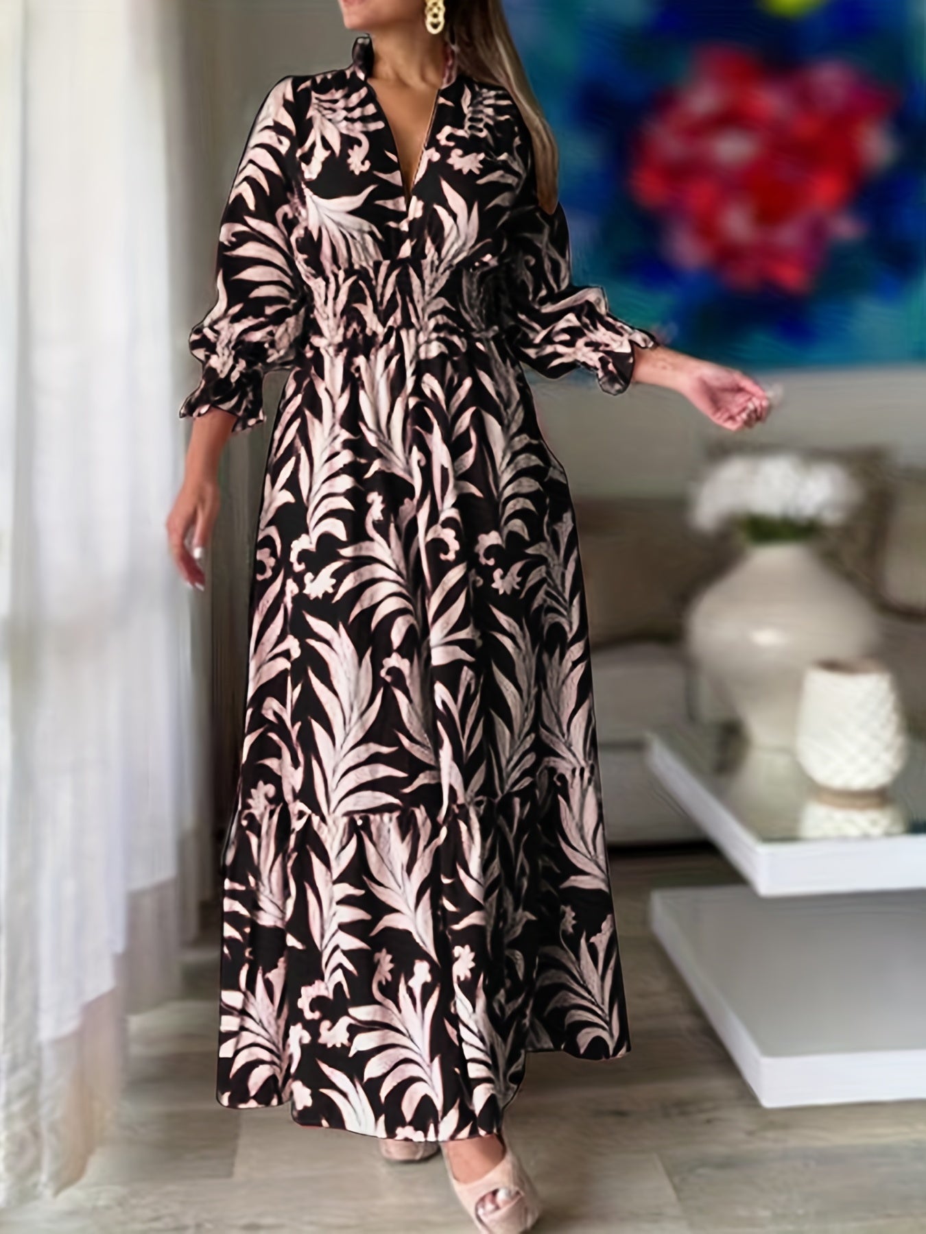 Floral Print Shirred Waist Dress Casual V Neck Long Sleeve