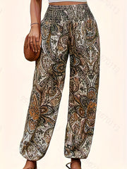  Paisley Print Shirred Waist Lantern Trousers
