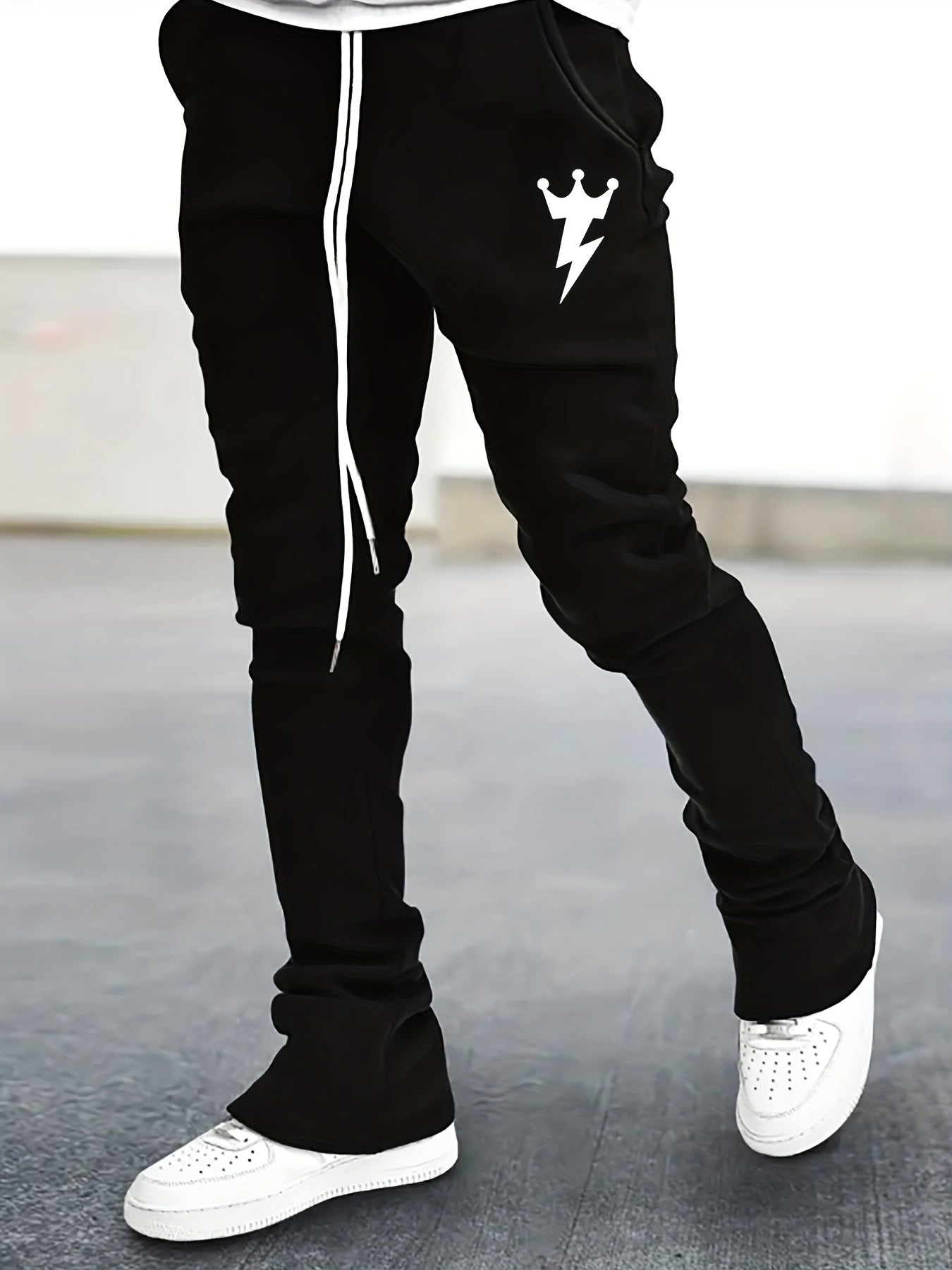 Lightning & Crown Pattern Flared Trousers Men's Casual Joggers