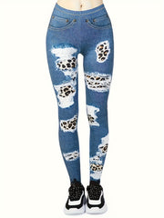  Ribbed Denim & Leopard Print Leggings