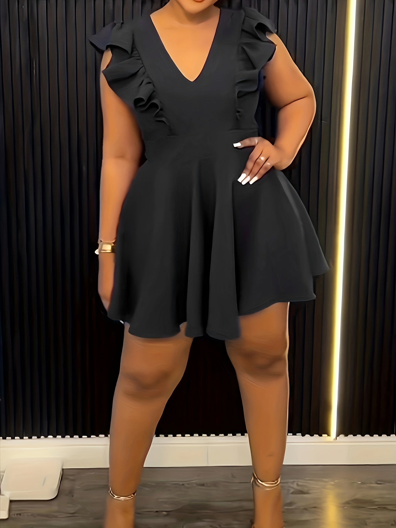  Solid Ruffle Trim V Neck Mini Dress