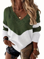  Colorblock V Neck Sweater Long Sleeve Pullover