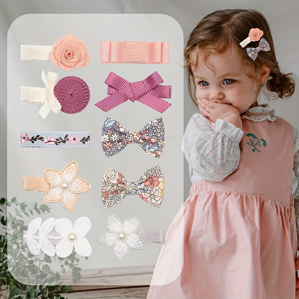 10pcs Girls' Flower Hairpin Bow Lace Faux Pearl Hair Clips