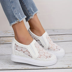 Women's Floral Mesh Sneakers Closed Toe Slip On Height Increasing Wedge Shoes