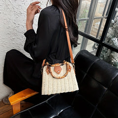 Straw Woven Crossbody Bag Bamboo Handle Satchel Purse