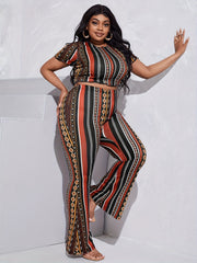  Boho Outfits Set Women's Plus Tribal Print Crop Top & Wide Leg Pants