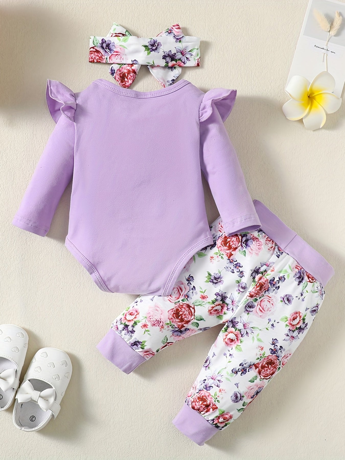 Baby Comfy Romper Floral Pants Headband Set