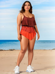  Modest Swimsuit Colorblock Ruffle Trim One Piece Bathing Suit