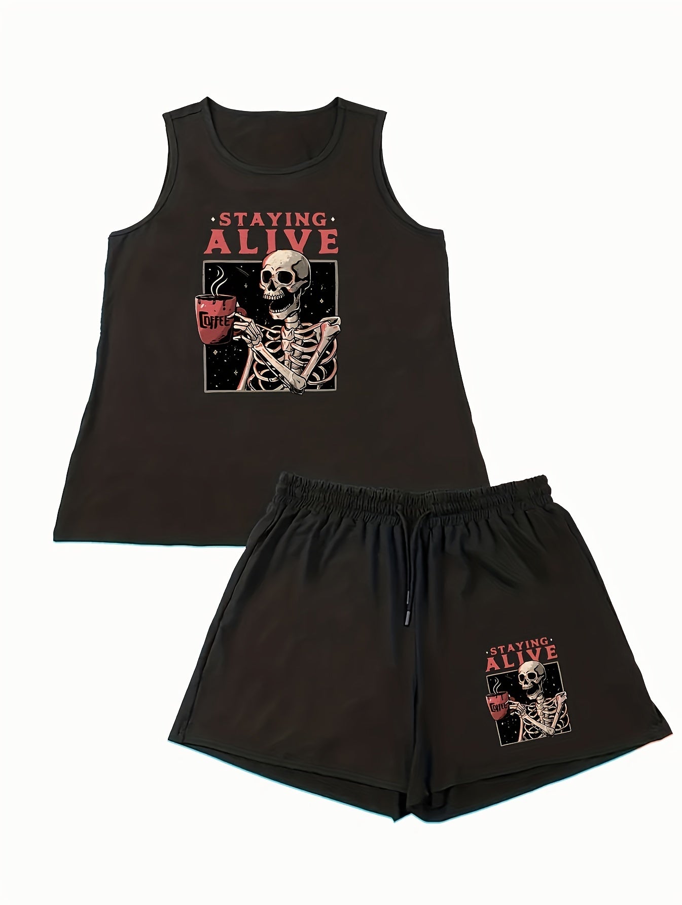  Skull & Coffee Print Lounge Set Tank Top & Shorts Pajama 2 Piece Set