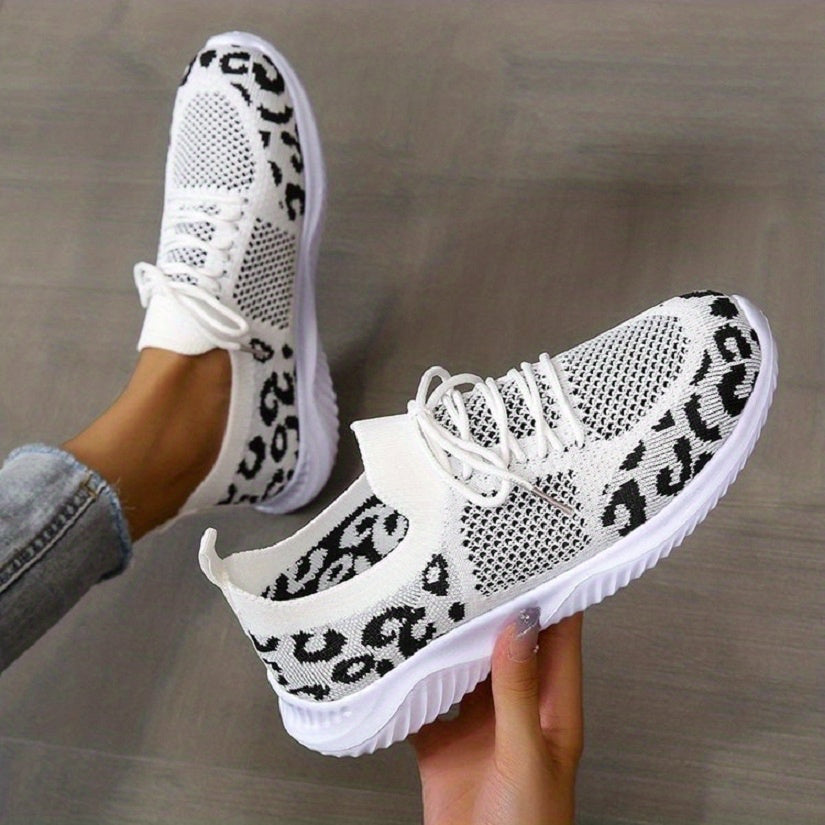 Leopard Printed Knitted Sports Shoes Low Top Running Casual Walking Sneakers