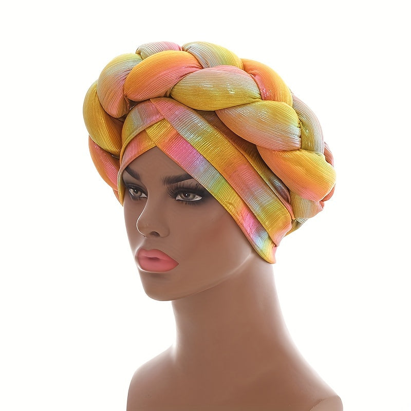 Yellow Gradient Turban Cap Braid Beanie Women Elastic Headwear