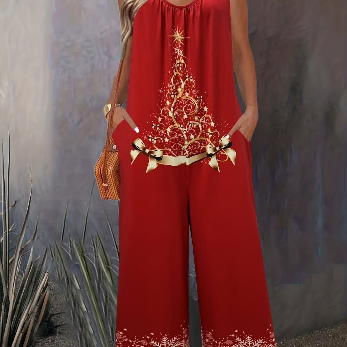  Tree Print V Neck Wide Leg Jumpsuit