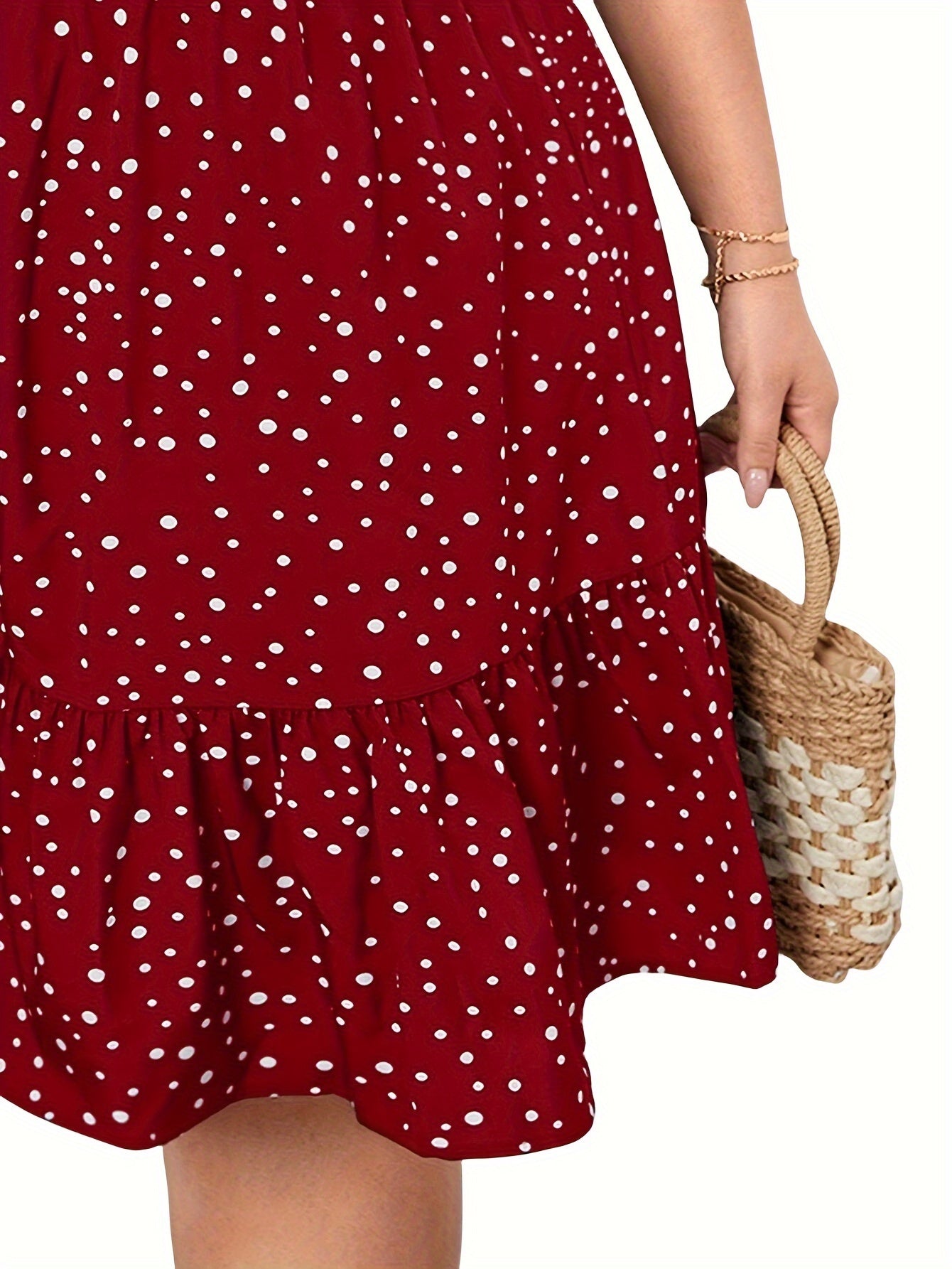  Dot Print Puff Sleeve V Neck Knee Length Dress