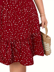  Dot Print Puff Sleeve V Neck Knee Length Dress