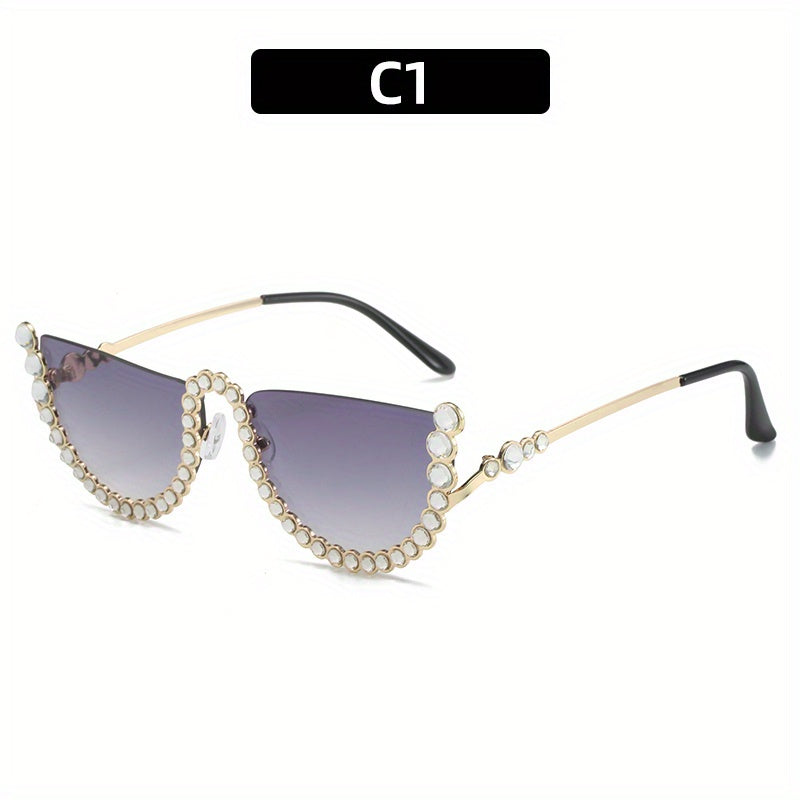 Rhinestone Semi Rimless Sunglasses for Women UV400 Sun Shades Glasses