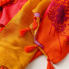 Orange Large Flower Print Scarf Boho Tassel Warm Shawl