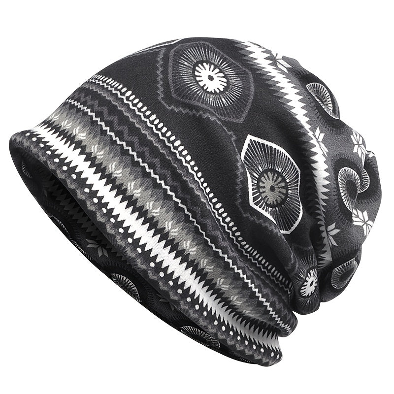 Boho Vintage Print Beanie Cap Elastic Skull Lightweight Warm Headwear