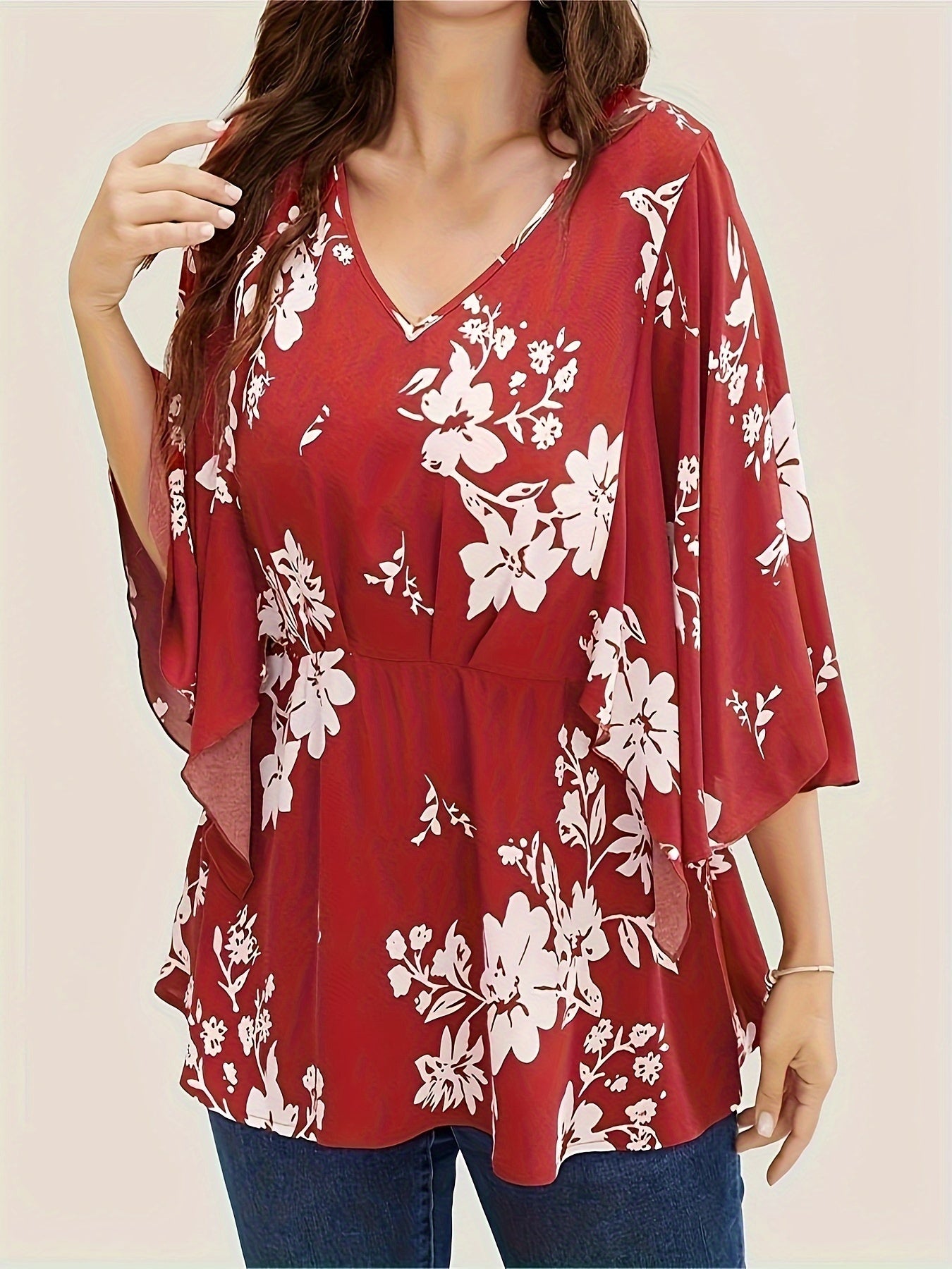  Floral Print Butterfly Sleeve Peplum Blouse
