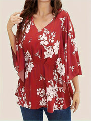  Floral Print Butterfly Sleeve Peplum Blouse