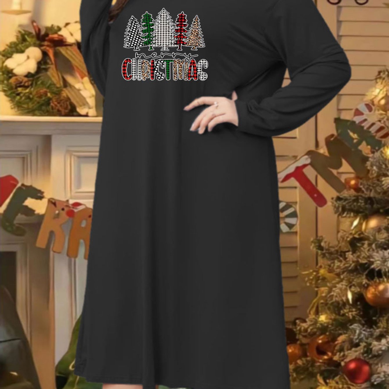  Plaid Christmas Tree & Letter Print Long Sleeve Round Neck Sleep Dress