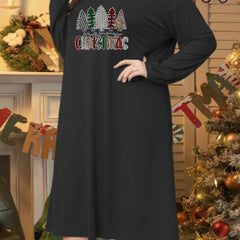  Plaid Christmas Tree & Letter Print Long Sleeve Round Neck Sleep Dress