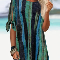  Knot Cut Out Sleeve Stripe Print Blouse