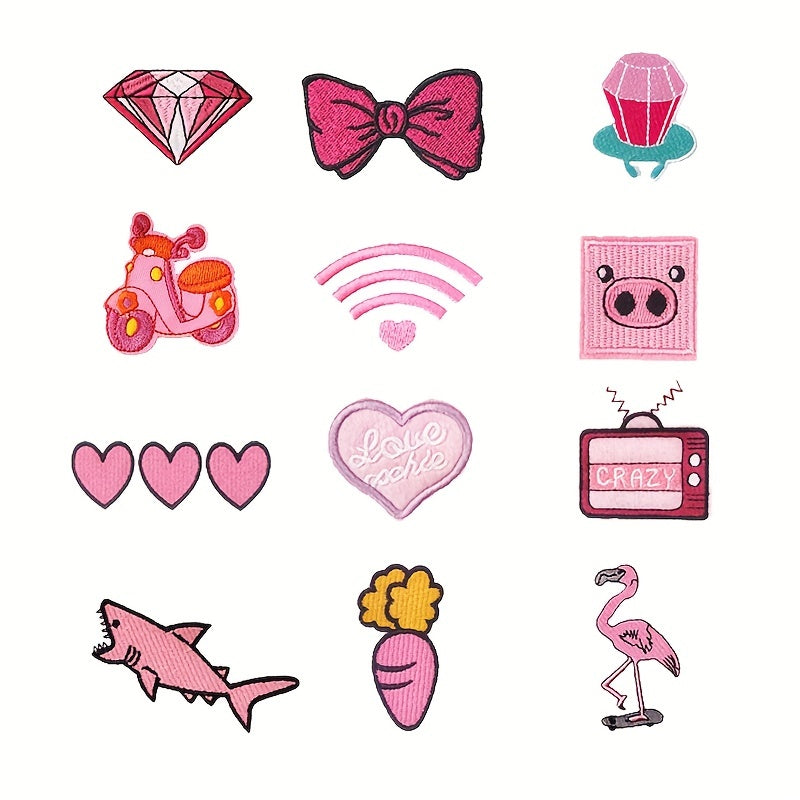 12pcs Pink Set Iron On Patches Sew On Embroidered Applique Repair Patches