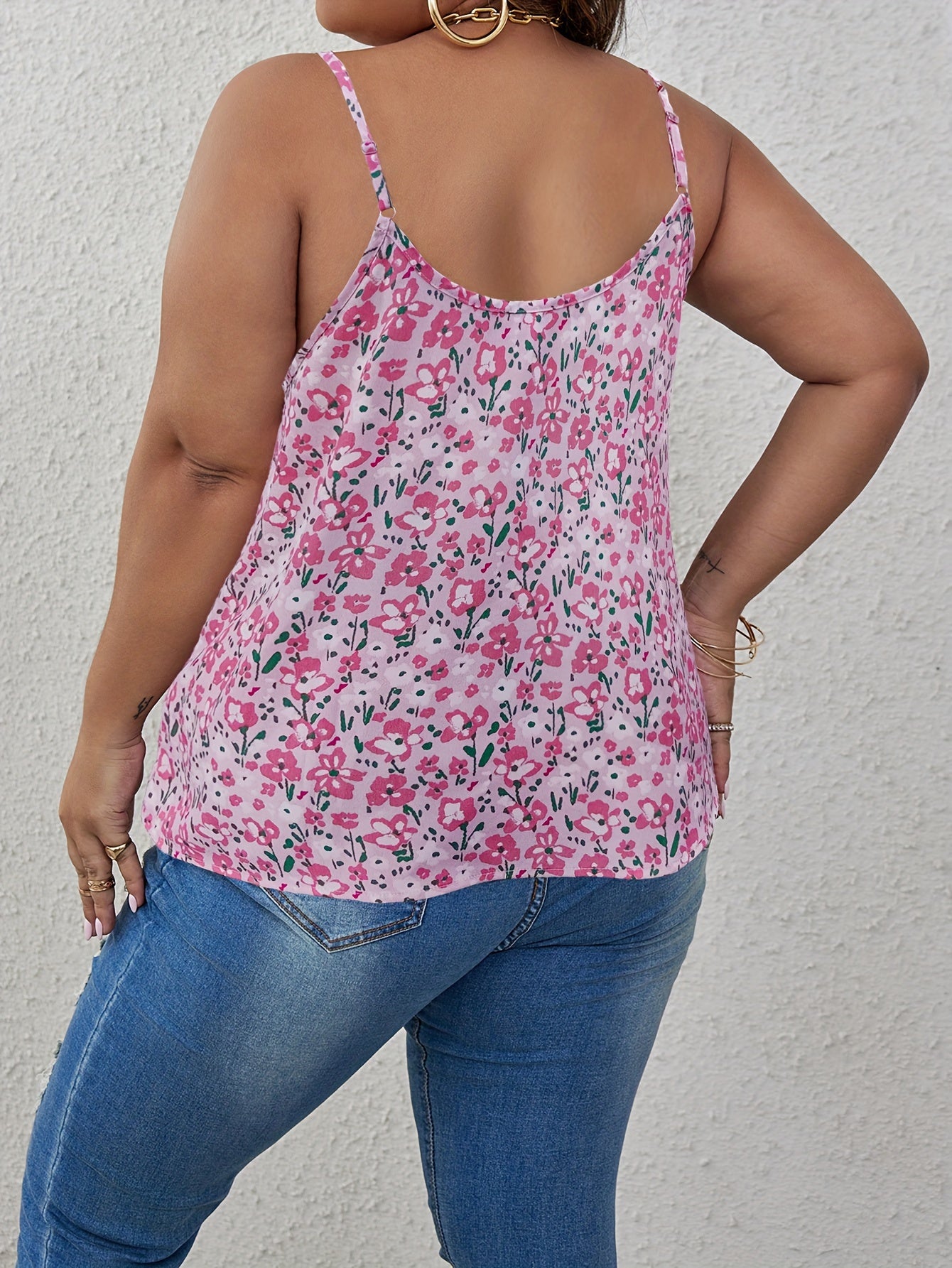  Sexy Cami Top Women's Plus Ditsy Floral Print Lace V Neck
