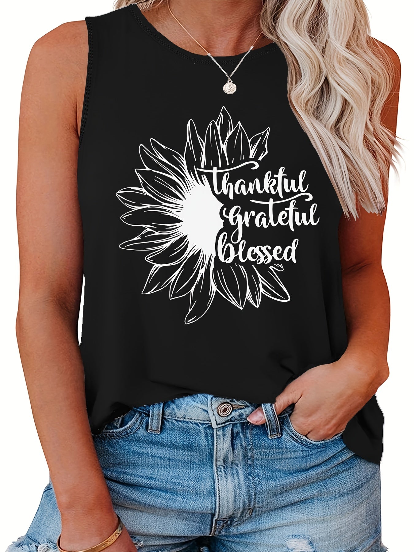  Casual Tank Top Women's Plus Slogan & Floral Print