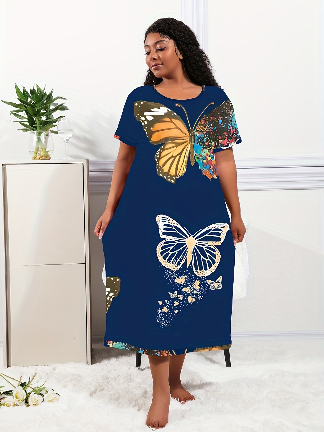  Butterfly Print Short Sleeve Casual Lounge Dress