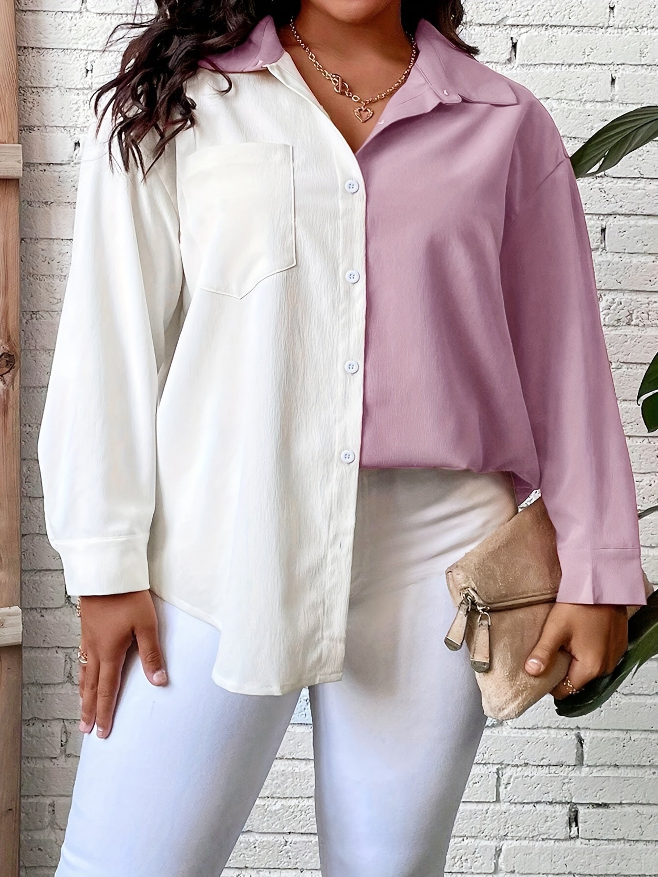  Colorblock Long Sleeve Button-Up Shirt Top With Pockets