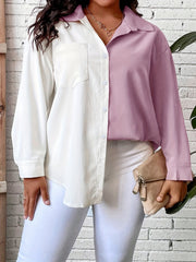  Colorblock Long Sleeve Button-Up Shirt Top With Pockets