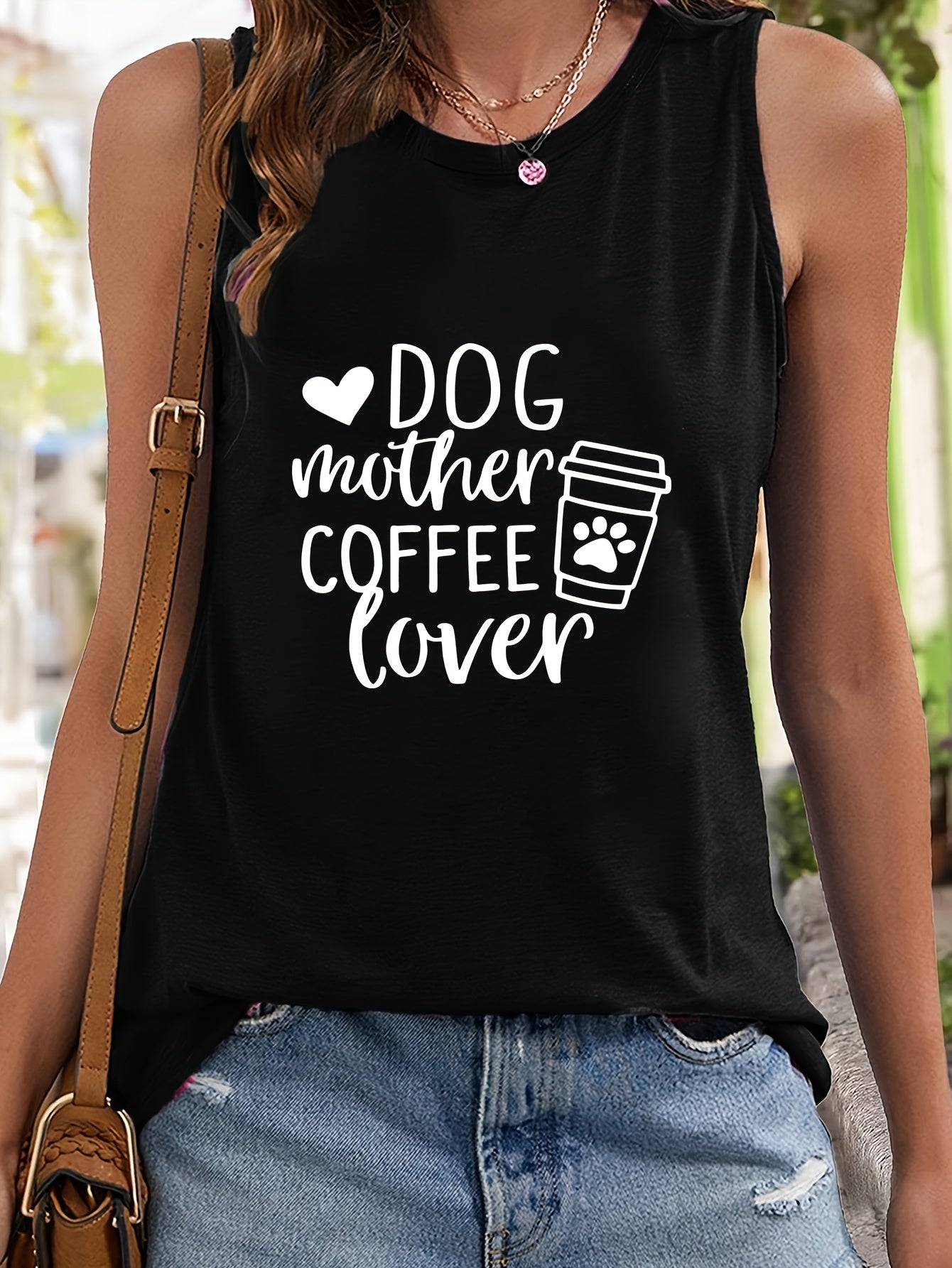 Coffee & Letter Print Casual Tank Top Women's Sports Top