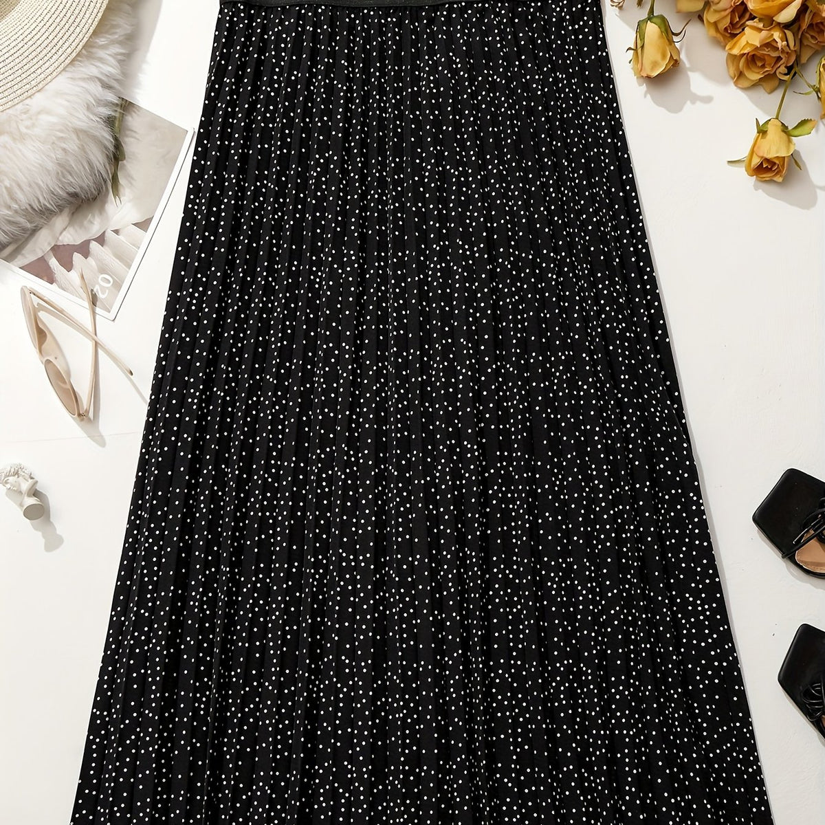  Polka Dot Print Elastic A line Pleated Skirt