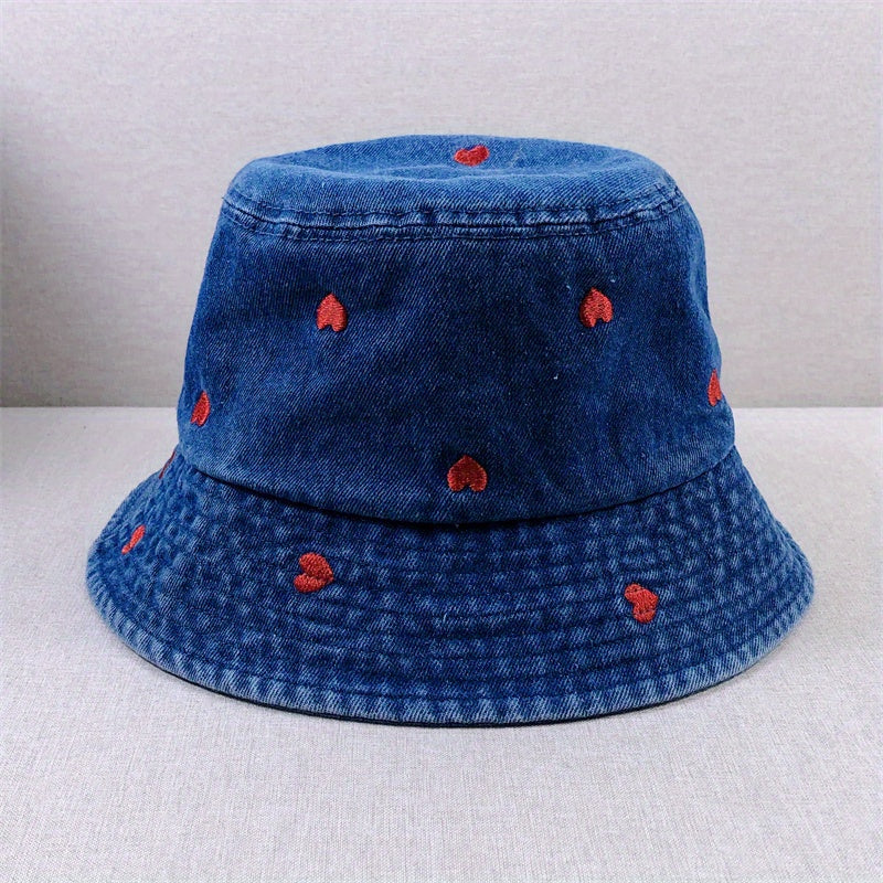 Heart Embroidery Bucket Hat Women Sunshade Fisherman Cap