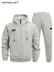 Men's Comfy Hooded Jacket & Stretch Pants Set for Outdoor Zipper Pocket