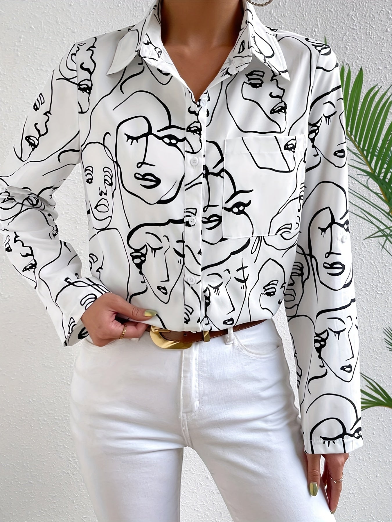  Abstract Figure Print Button Up Long Sleeve Blouse