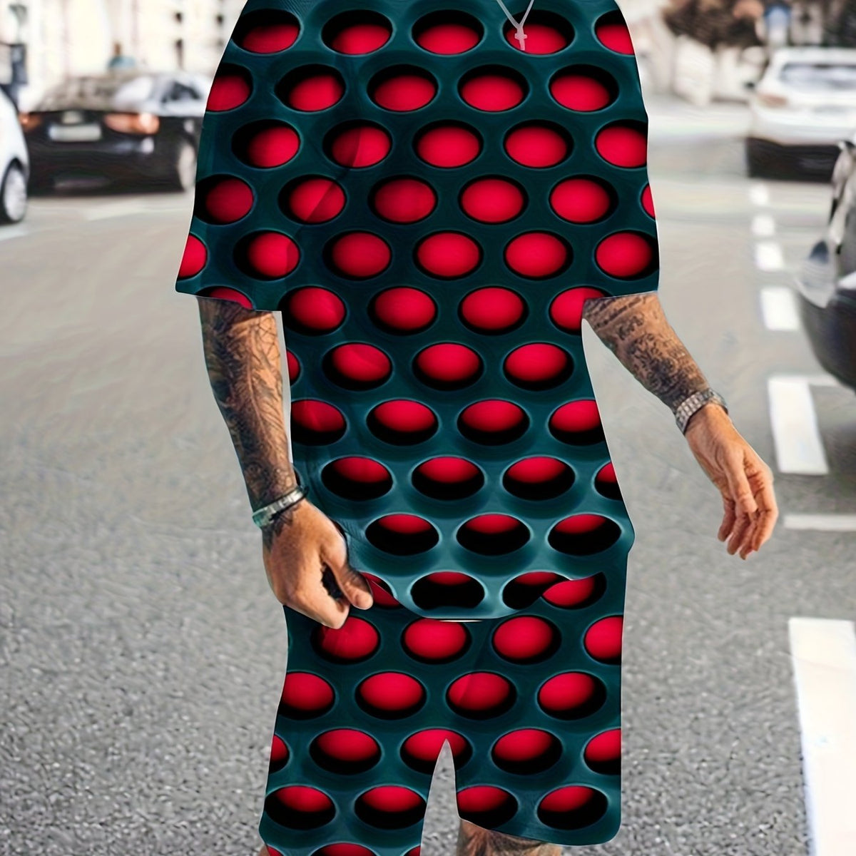 Men's All Over Hole 3D Pattern 2 Piece Outfit Set