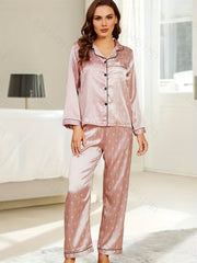 Satin Pajama Set Long Sleeve Top & Elastic Waist Pants Women's Sleepwear