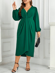  Solid Lantern Sleeve V Neck Maxi Dress
