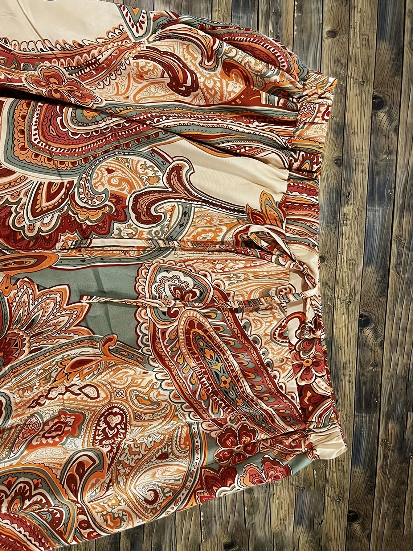  Boho Maxi Skirt Paisley Floral Print Drawstring Elastic High Rise