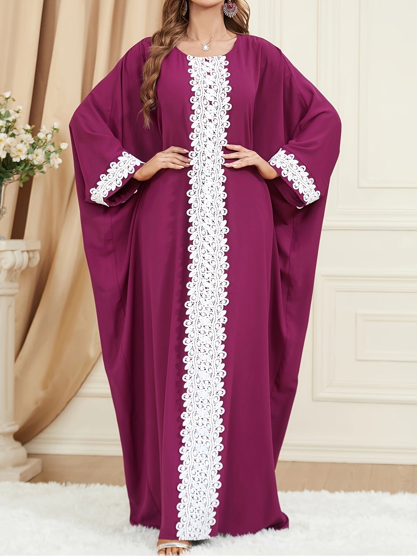  Kaftan Dress Lace Trim Batwing Sleeve Maxi Dress