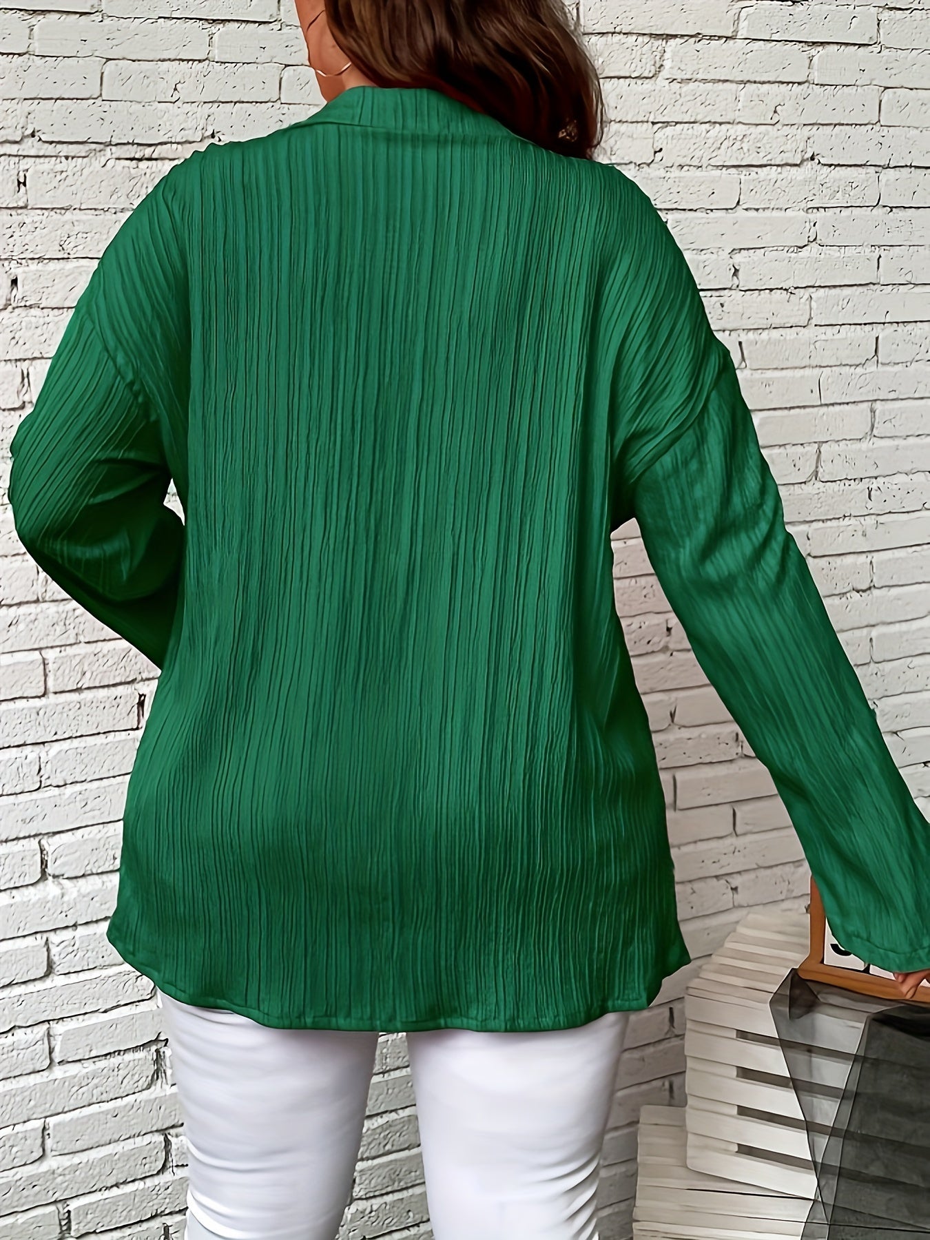  Solid Crinkle Button Up Long Sleeve Blouse