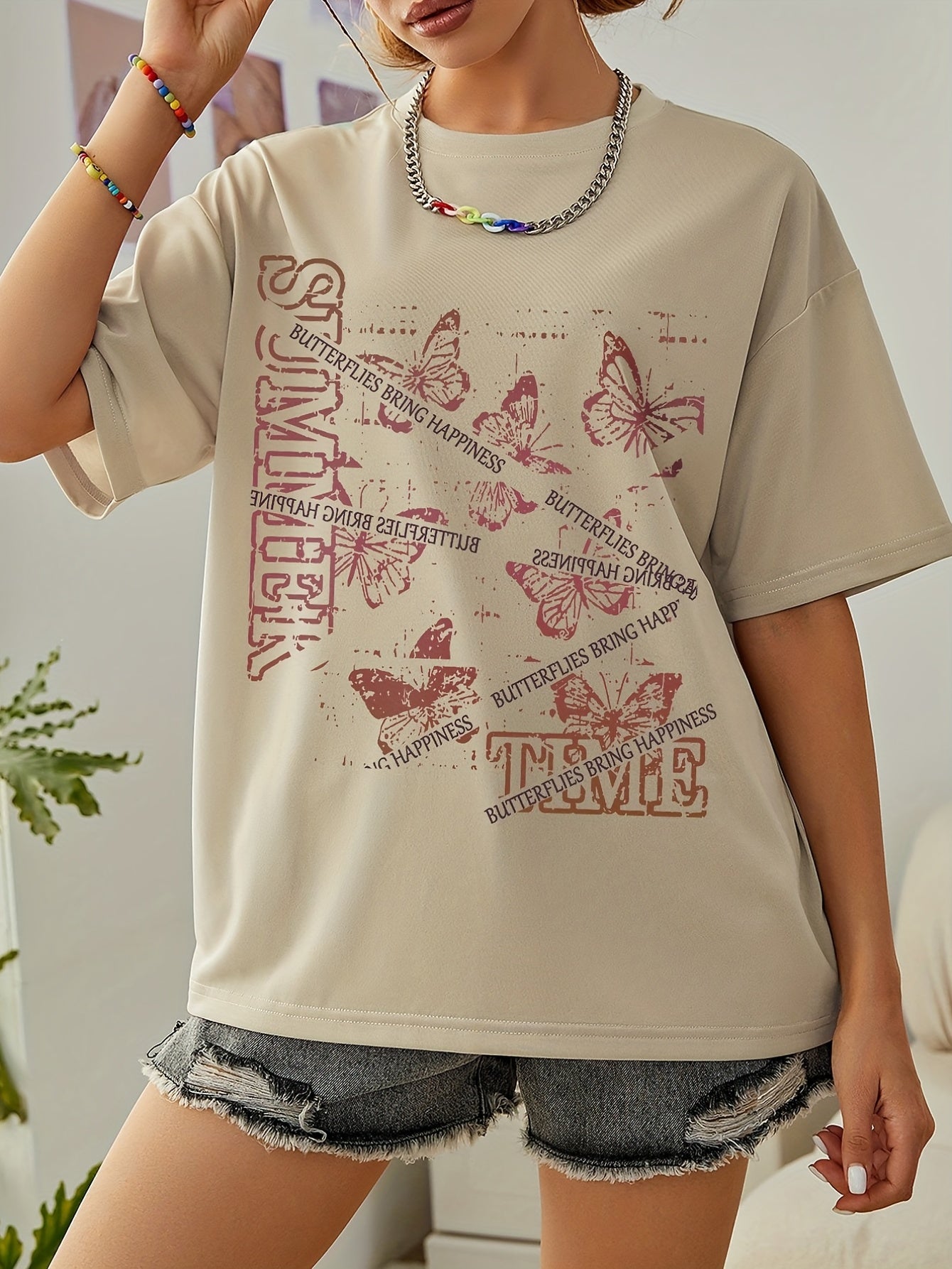 Butterfly Graphic Short Sleeve Sports Tee Women's Casual Workout T-shirts