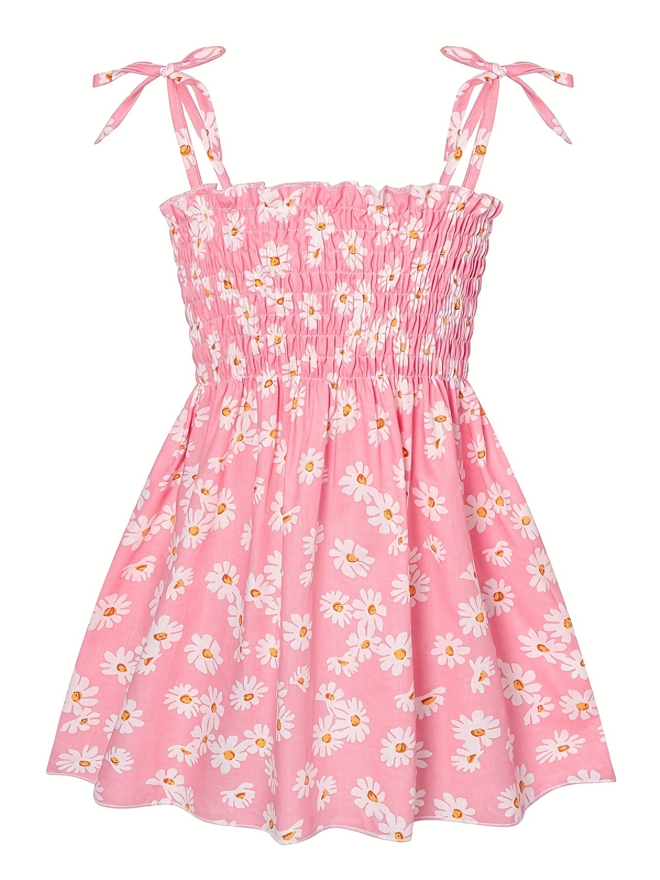 Toddler Girls Daisy Graphic Frill Trim Shirred Bow Shoulder Princess Cami Dress