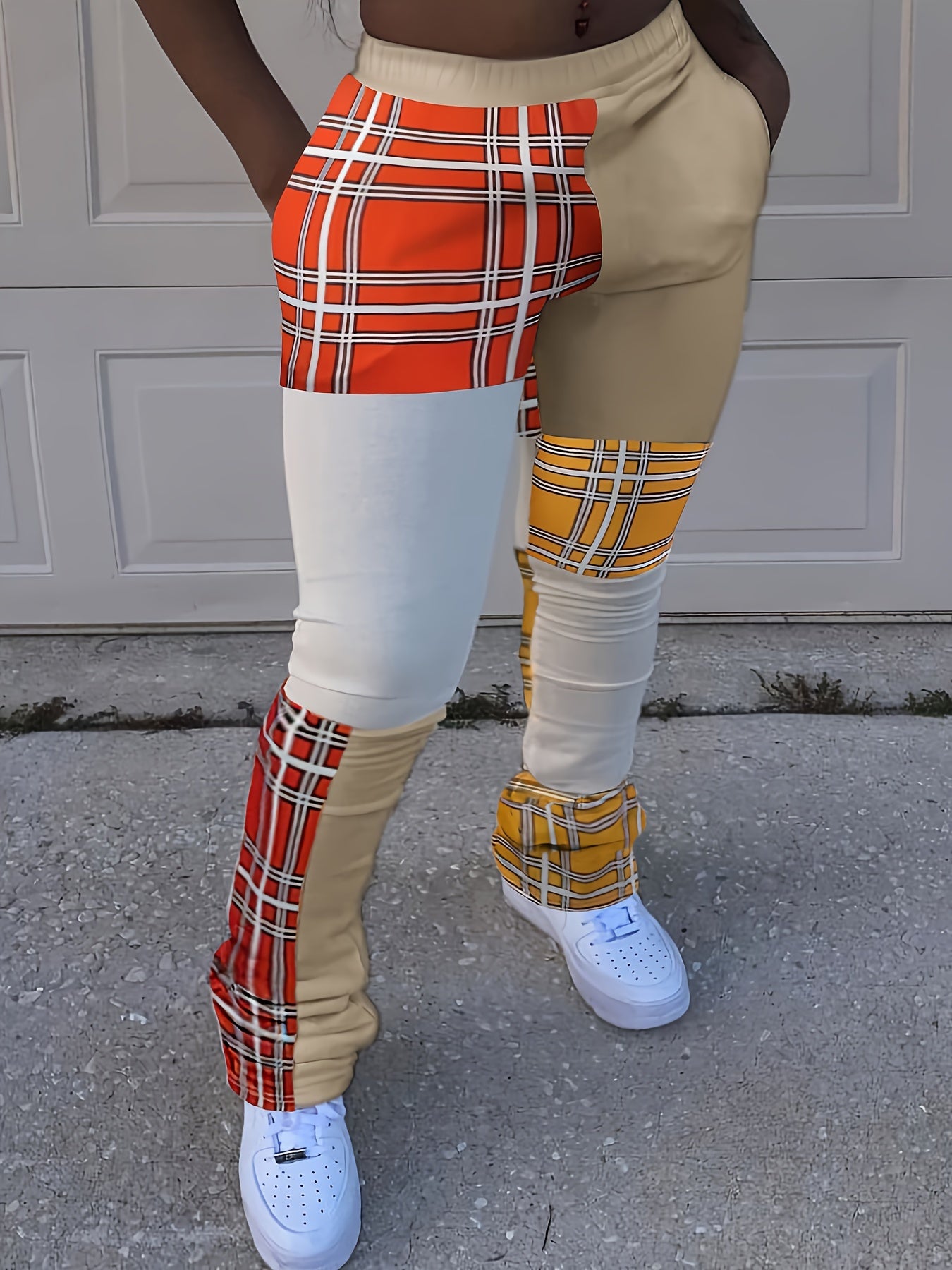  Colorblock Grid Print High Rise Skinny Pants